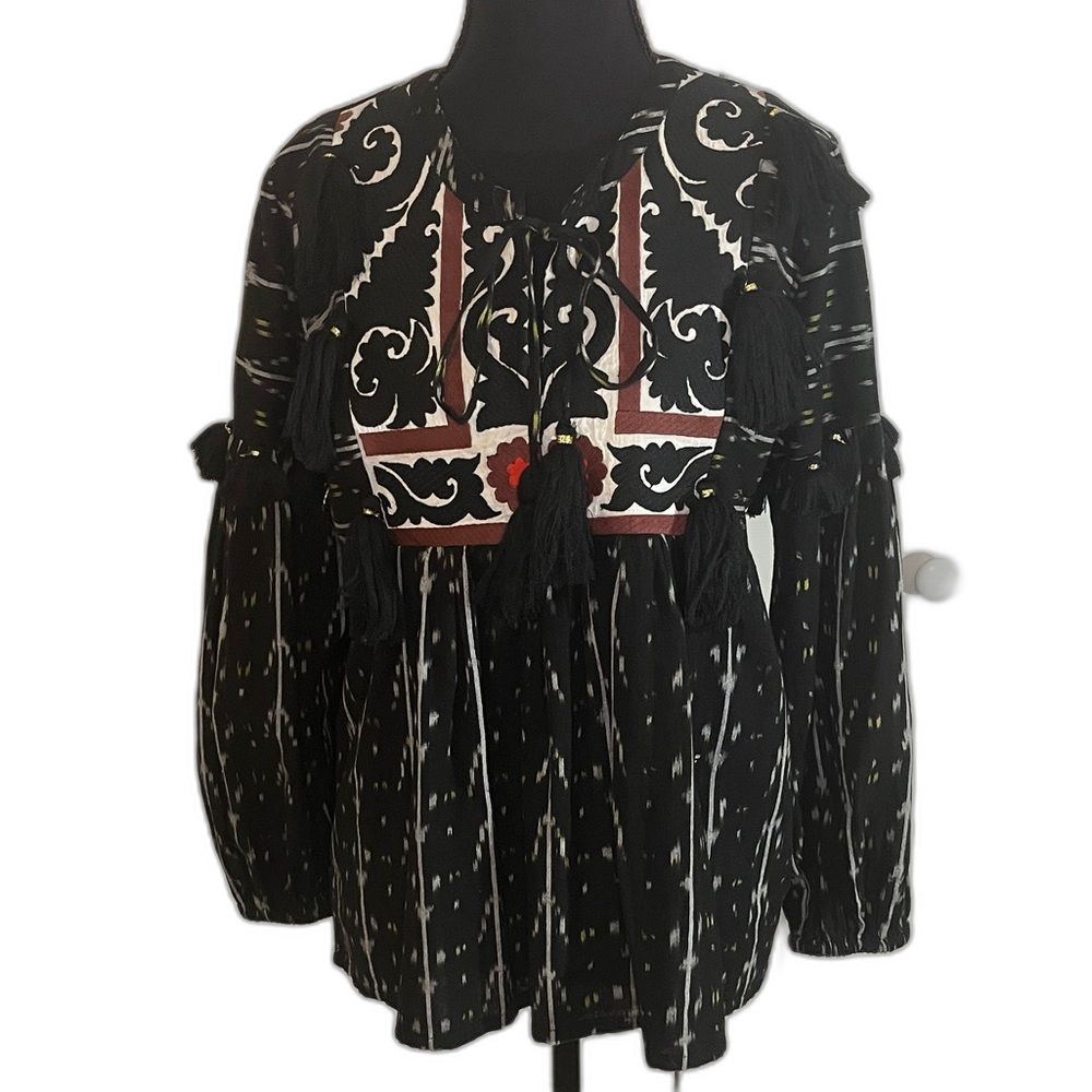 Miss June Paris Black Boho Tassel Embroidered Festival Blouse